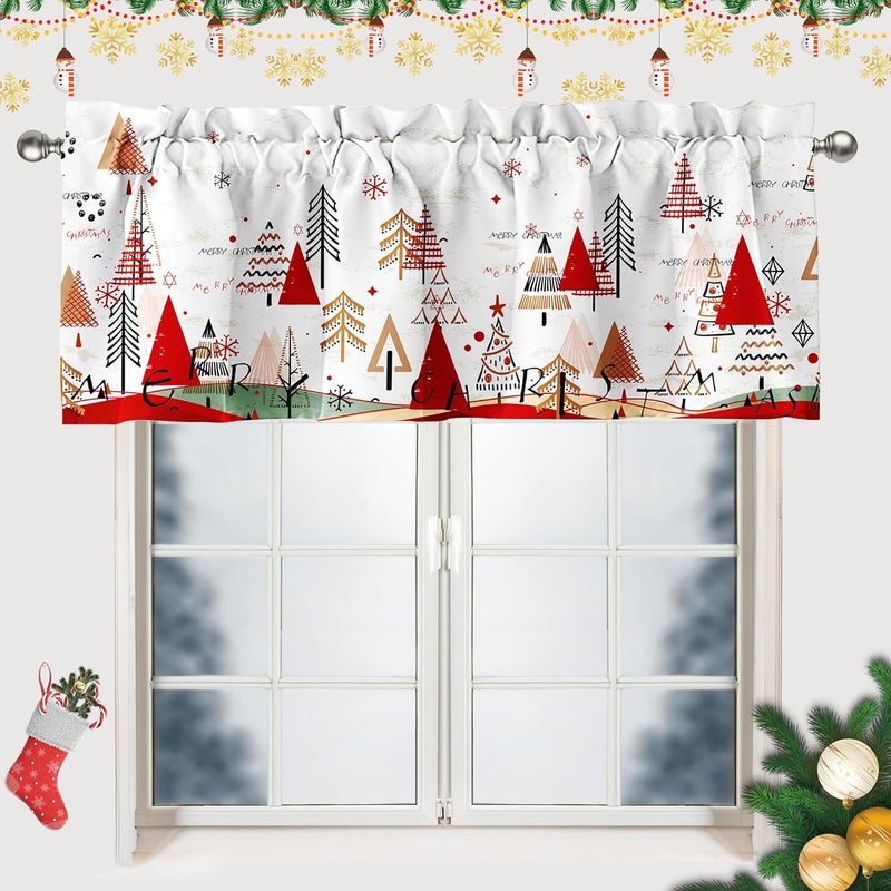 SUNWISHA Christmas Tree Curtain Valance 54"x18" Short Small Window Curtains for Living Room Xmas Holiday Window Treatment Rod Pocket Valances for Kitchen Bedroom Decor White - Image 1